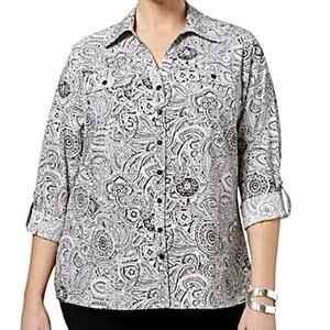 NY Collection Plus Size 2X Roll Tab Sleeve Black White Button-Down Top Blouse